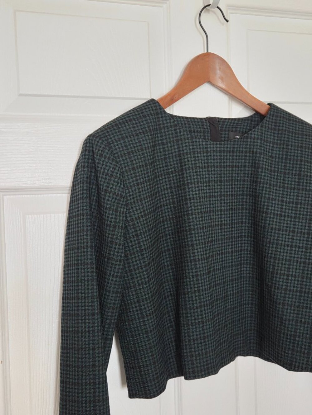 Ann Taylor Dark Green Plaid Long-Sleeve Cropped Jacket Blouse - Picture 9 of 16